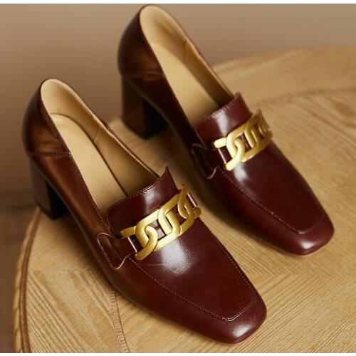 Women genuine leather thick high heel square toe slip-on pumps big chain decoration OL style soft comfortable daily shoes women