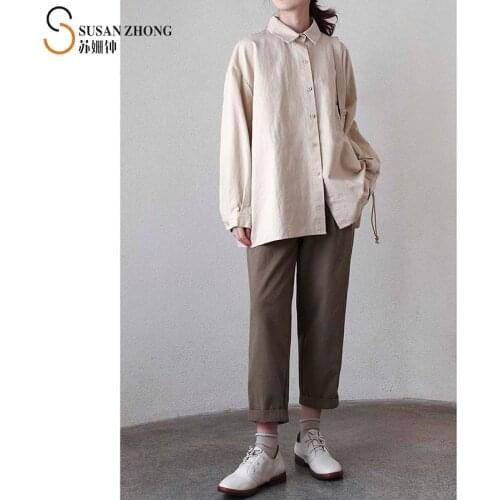 Women Shirts Feme Blouse Lady Top 2021 Spring Summer Natural Normcore Casual Vintage Cotton Midi Loose Button Cuff Bag Retro