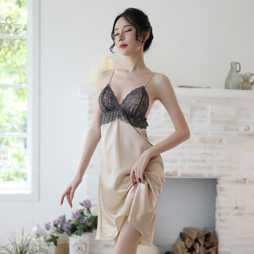 Womens Nightie Lace Embroidery Nightgown Lingerie Sling V-Neck Night Dress Sexy Nightwear Negligee Satin Silk Sleepwear 0