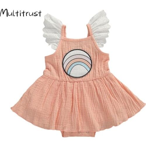 2020 Lovely Infant Baby Girls Summer Bodysuits Dress Ruffles Lace Sleeve Print Solid Jumpsuits Size 0-24M