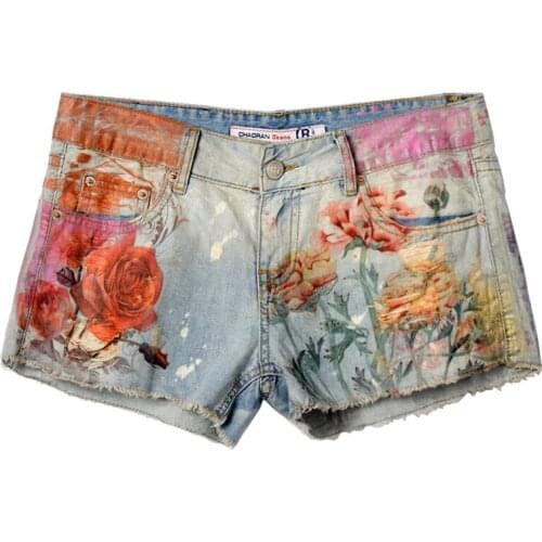 Summer Fashion Women Ladies Floral Printed Pattern Ripped Hole Cotton Denim Shorts , 2018 New Painted Jeans Shorts For Woman