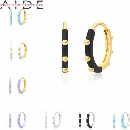 AIDE 2021 New Simple Enamel Drip Earrings 925 Sterling Silver Mini Hoops Earrings Women Gold Sliver Jewelry Purple Black Aretes