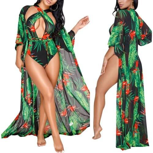 Womens Sexy Perspective Deep V Cross Halter Lace Printed Sleeveless One-Piece Swimsuit Half Sleeve Loose Jacket Two-piece Set