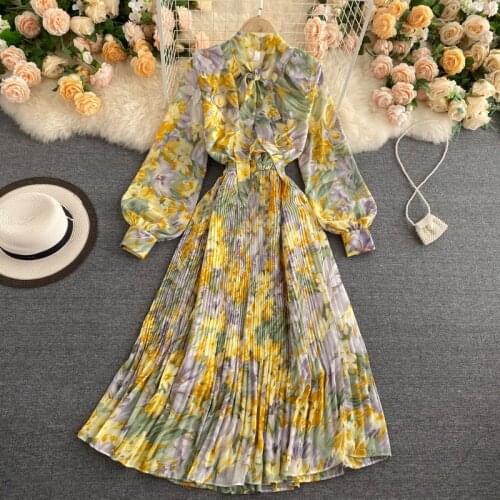 2021 Summer Dress Women Long Sleeve Vintage Dress Chiffon Vestidos Ladies Casual Print Mid-Calf Spring Dresses