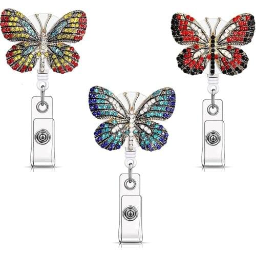 3 Pcs Butterfly Badge Reels Retractable Rhinestone Badge Holders Name Tag Holder Reels For Nurses Decoration Supplies