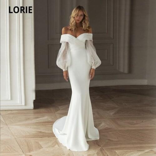 LORIE Glitter Wedding Dresses Boho Off the Shoulder Long Puff Sleeves Mermaid Wedding Gown Bridal Dress 2021 suknia ślubna
