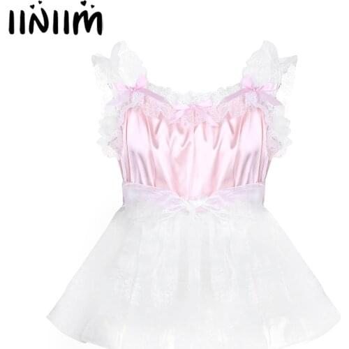 Iiniim Adult Baby Mens Sissy Babydoll Crossdress Ruffled Lace Tulle Dress with Waist Belt Gay Male Night Club Costume Mini Dress