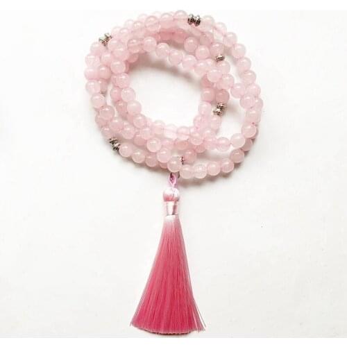 Healing Pink Rose Quartz Necklace Natural Stone Beads 108 Mala Beads Necklace Bracelet Pink Tassel Dropshipping 1pc