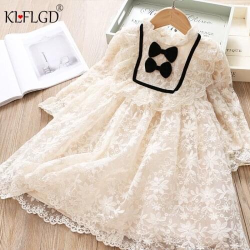 Girls lace long sleeve bow dress childrens baby embroidery long sleeve Princess home birthday party dinner lace dress