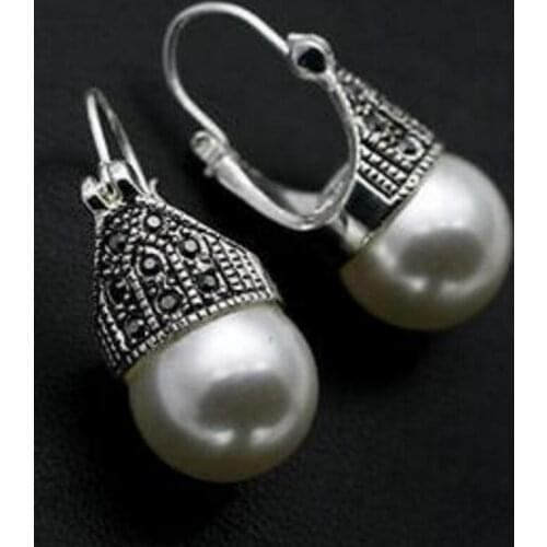 Fashion jewelry Free Shipping 14mm big shell pearl earring>Retro lantern large white pearl crystals freshly baked earring