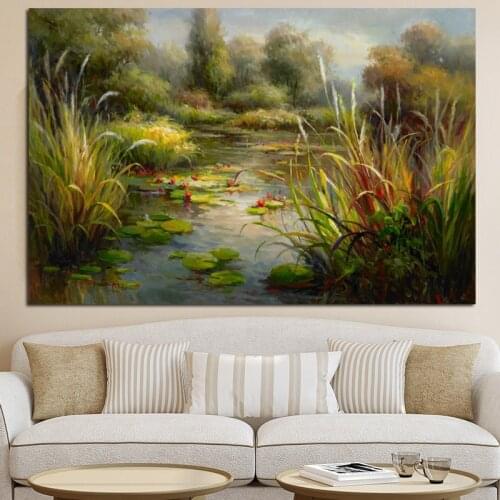 Poster and Prints Abstract Lotus Pond Pastoral Landscape Oil Painting on Canvas Modern Sofa Art Wall Picture for Living Room