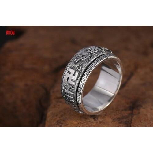 Really wholesale 925 sterling silver vintage Thai silver jewelry swastika six-character mantra turning ring mens ring ring