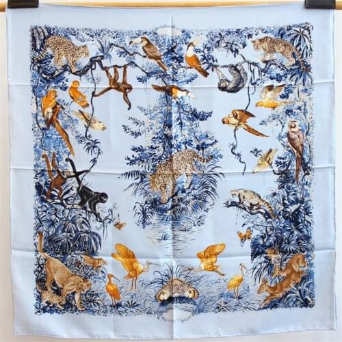 POBING 100% Real Twill Silk Scarf Women Foreast Animals Print Square Scarves Wraps Hand Rolled Foulards Femme Bandana Hijab 90CM