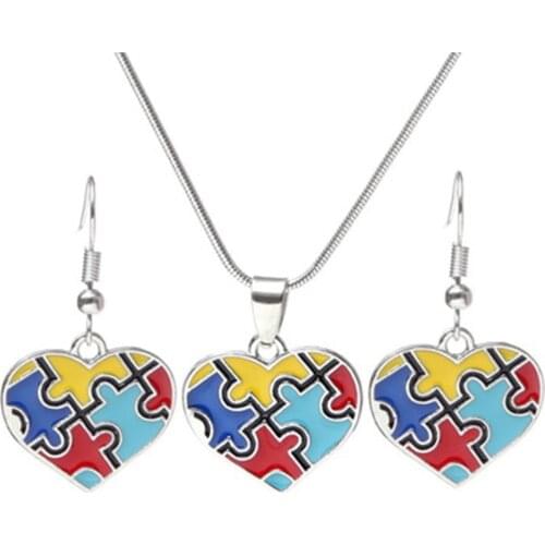 Multi-Colored enamel Autism Awareness Puzzle Piece Heart Pendant with Snake Chain Necklace for Women Jewelry Gifts