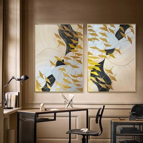 2 pieces Gold art Abstract canvas paintings wall art pictures for living room home hallway wall decor gold birds acrylic quadro