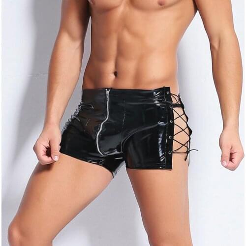Sexy Men Faux PU Leather Boxers Shorts Wetlook Erotic Trunks Male Gay Lace-up PVC Underwear Bondage Fetish Boxers Club Underwear