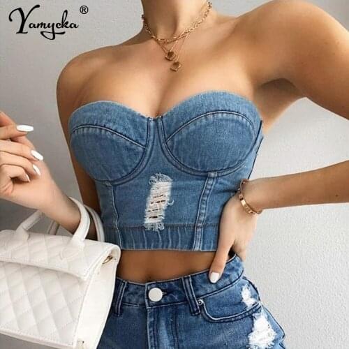Sexy vintage Denim bustier corset crop top women summer halter Party tank y2k top Push Up bra clubwear tube Cropped womens tops