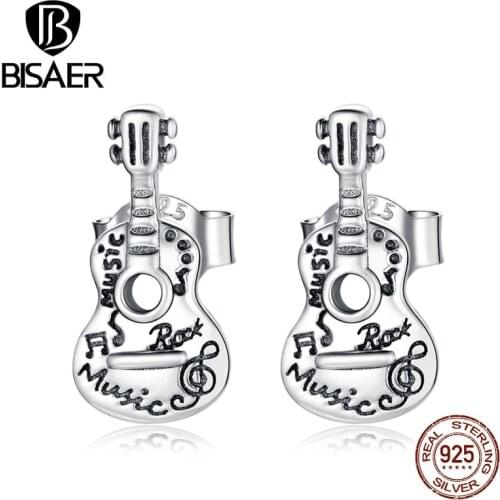 BISAER Fashion 925 Sterling Silver Vintage Guitar Earrings Punk Style Stud Earrings For Women Statement Jewelry ECE1155