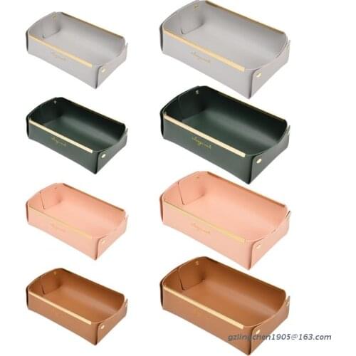 Nordic Snap Faux Leather Desktop Storage Box with Metal Trim Jewelry Display Tray Cosmetic Organizer Basket Home Decor