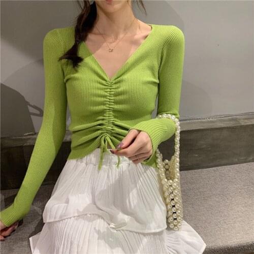 Women Knitted Bottoming Sweater Pullover Shirt Drawstring Long-sleeved Top Korean V-neck Slim Sweater Fall Clothes for Women