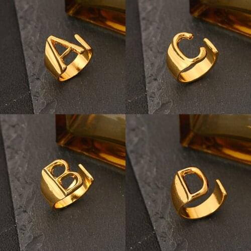 VCORM Hollow A-Z Letter Gold Color Metal Adjustable Opening Ring Initials Name Alphabet Female Party Chunky Wide Trendy Jewelry
