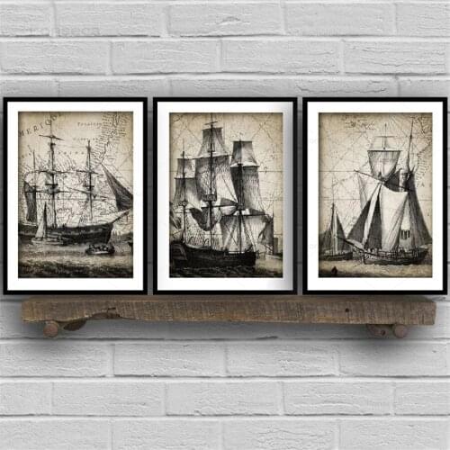 Vintage Sailing Ship Triptych Posters and Prints Bathroom Wall Art Decor Navy Ship Nautical Art Canvas Painting Decoration