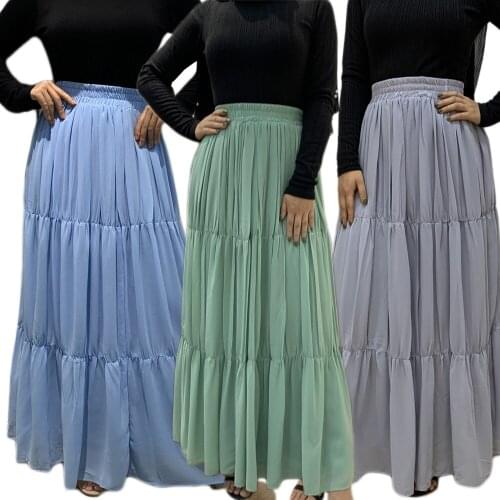 Spring Summer Muslim Pleated Skirt Women Vintage High Waist Skirt Solid Long Skirts New Fashion Casual A-line Maxi Skirt Female