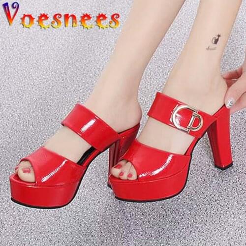 Walk Show Shoes Metal Buckle Sandals Fashion Shallow Open Toe Slippers Platform Thin Heels Summer Red Sexy Dress Women Shoe