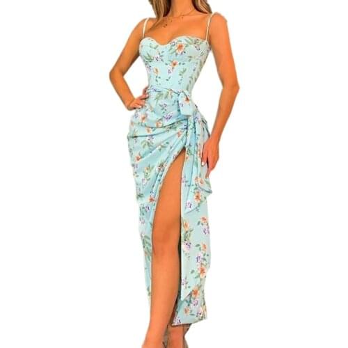 Ruched Print Summer High Split Dress Spaghetti Straps V Neck Backless Long Dresses for Women Party Sexy Vestidos 2021 New