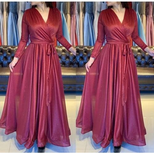 Elegant Long A-Line V-Neck Evening Dresses with Belt Zipper Back Pleated Dusty Pink Abendkleider Formal Party Gown for Women