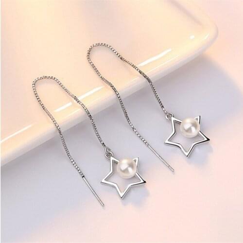 1 Pair Womens Classic Simple Long Tassel Hollow Star Inlaid Pearl Ear Line Earrings Fashion Jewelry E0685