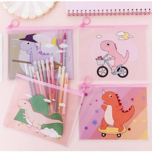 1 Pcs Creative Cartoon Dinosaur Storage Bag Transparent Ring File Bag Cute Pink Student Stationery Pen Bag Office School Supply