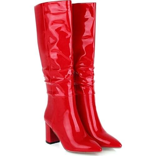 2020 High Heel Knee High Boots Women Shoes Faux Leather Pleated Long Boots Pointed Toe 34-43 Autumn Winter Boots