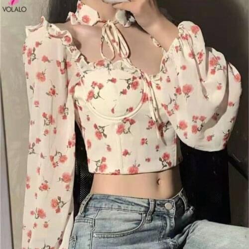 2021 New Sexy Women Tops Gothic Floral Print Elegant Chiffon Blouse Shirts Long Sleeve Pink Lady Crop Tops Clothing