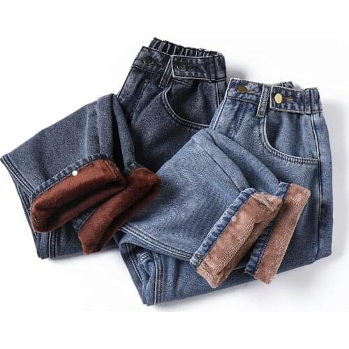 2021 Winter Thick Fleece Warm Loose Mom Harem Pant Jeans Women High waist Casual Streetwear Female Blue Denim Pant Plus size 5XL