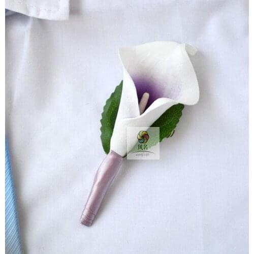 5Pcs/lot Wedding Groomsman Groom Boutonniere Party Prom Man Corsage Hand Made Calla Lily Flower With Leaf Men Suit Brooch Pin