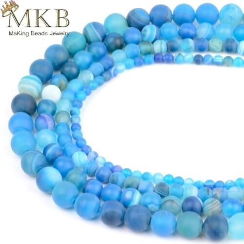 Natural Stone Matte Blue Striped Agates Onyx Round Beads For Jewelry Making 4 6 8 10 12mm Loose Beads Accessories Perles Bijoux