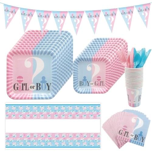 Baby Shower Gender Reveal Party Tableware Decorations Supplies BOY OR GIRL Paper Plates Napkins Cups Tablecloth & Party Balloons