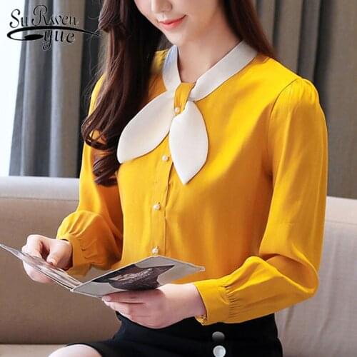 Blouses Women 2021 Spring Chiffon shirts Solid Tops Office Lady Busas Elegantes Ladies Tops Bow Button long sleeve top 8271 50