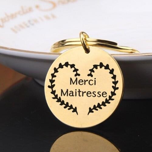 FLYANGEL French Keychain Engraved Merci Maitresse Heart Keyring Romance Jewelry Round Bag Charm Gifts For Couples Lover