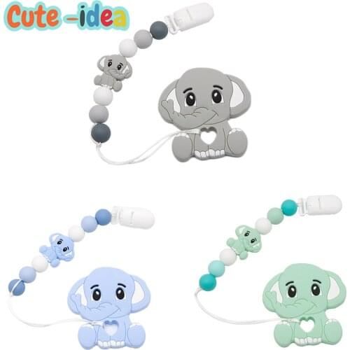 Cute-idea 1pc Baby Pacifier Chain Cartoon Elephant Silicone Teether Food Grade Infant Teething Nursing Toy Necklace Gift
