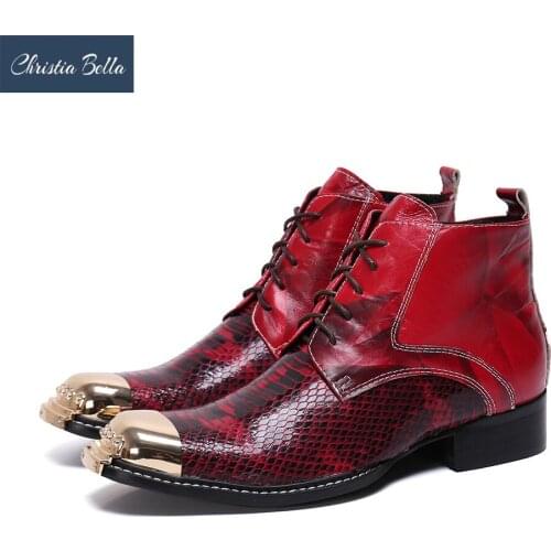 Christia Bella Man Lace Up Genuine Leather Boots New Metal Toe Formal Dress Short Boots Print Pattern Motorcycle Male Boots