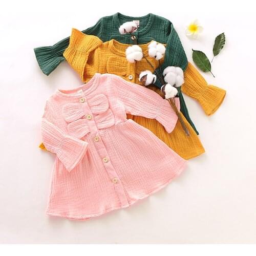 Winter Fall Baby Cotton Linen Girls Baby Knee-length Dress Long Sleeve Bow Clothes for Children Kids 16 18 Month 3 4 Years
