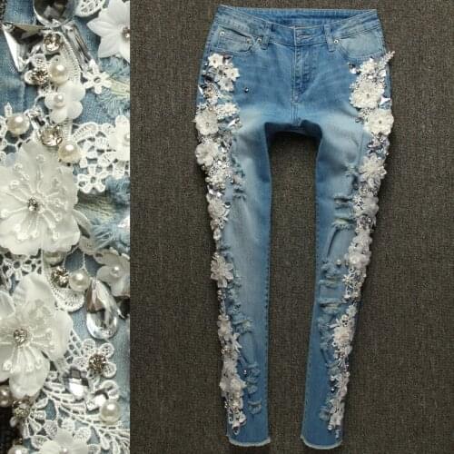Designer Luxury Lace Flowers Diamonds Pearls Embroidery Denim Pants Women Hole Ripped Skinny Jeans Female Elastic Pencil Pants