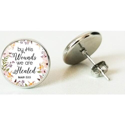 His wounds were cured by Isaiah 53 5 Bible Scripture Stud earring Fashion Jewelry Ms. Mens Christian Gifts