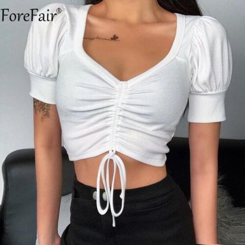 Forefair 2021 Ribber V Neck White Sexy T Shirt Summer Puff Short Sleeve Tee Ruched Bandage Fashion Casual Women Y2k Crop Top