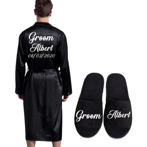 Groom Robe Emulation Silk Soft Home Bathrobe Nightgown For Men Kimono Customized Name and Date Personalized for Wedding Party
