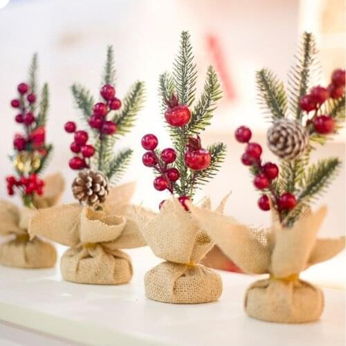 Artificial Christmas Tree Decorations for Home Creative Jute Red Fruit Pine Cone Desk Ornament Christmas Village DIY Decor Craft