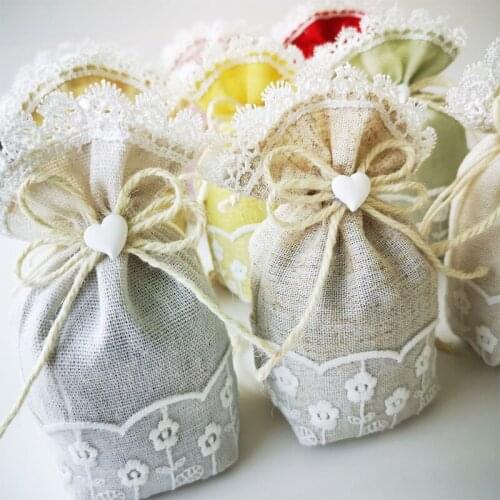 Embroidery Flower Lace Drawstring Gift Bags Jute Burlap Candy Packaging Wrapping Bag Dragees Pouches Packages Party Supplies