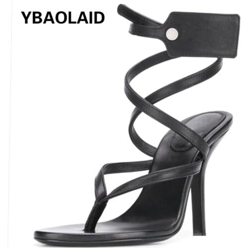 Summer New Style Flip-flops with One-line Buckle Personality Catwalk Sandals Sheepskin Cross Straps Hollow Label Sexy High Heels